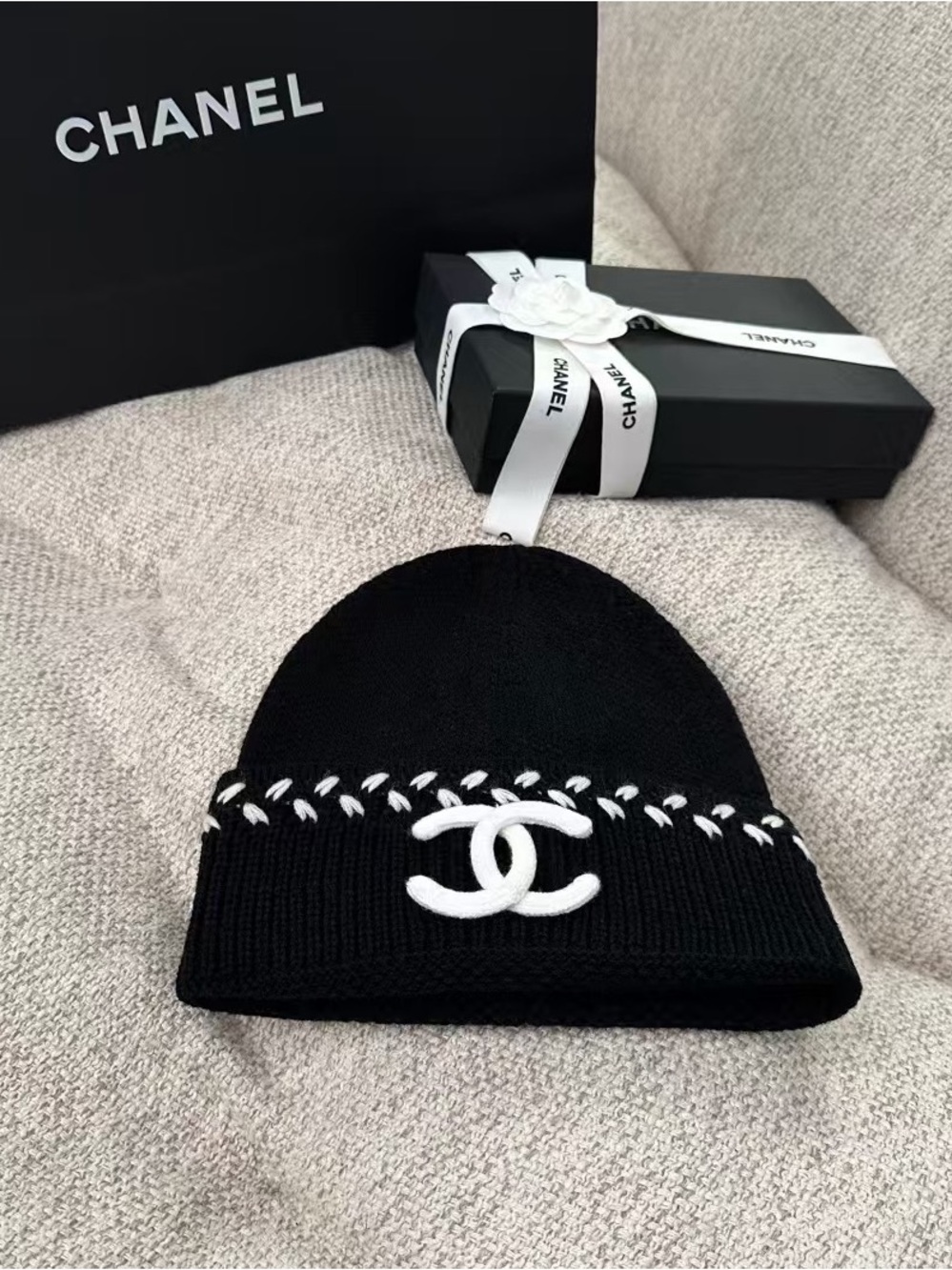 CHANELL Black and White Knit Beanie Hats